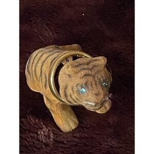 Vintage Hong Kong Nodder Bobble Head Tiger With Green Eyes Felt Flocked Label